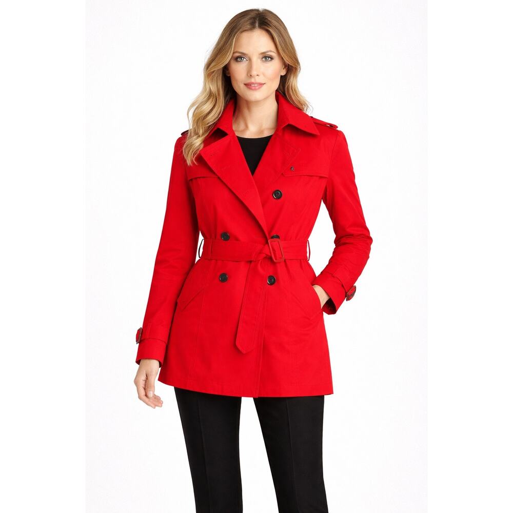 Coach Red Short Trench Coat M Belted Double Breasted Signature Lined
